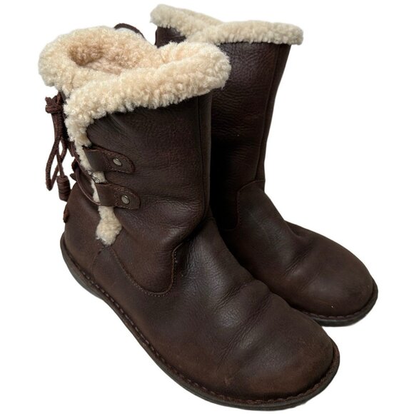 UGG Akadia Women's 9 Stout 1007760 Sherpa Lined Leather Boots Pull on Brown - Picture 1 of 8